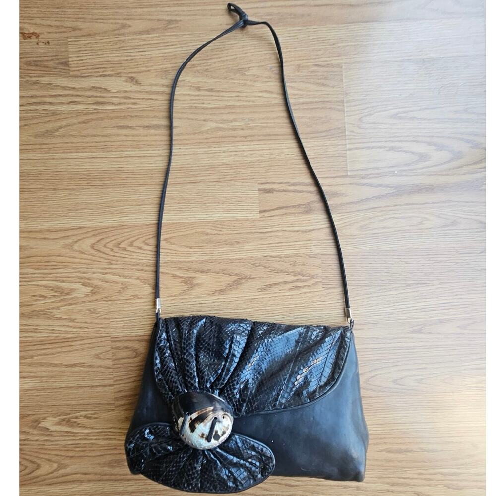 Vintage Black Leather Abalone Shell Snakeskin Crossbody Bag